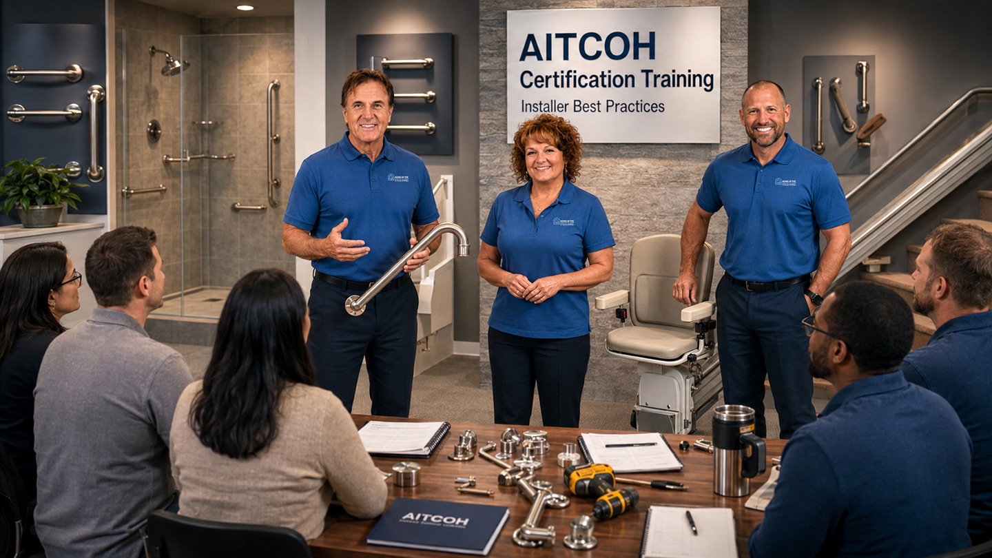 AITCOH™ certification training session: instructors demonstrate grab bars, bathroom safety hardware, and a stair lift to a seated class